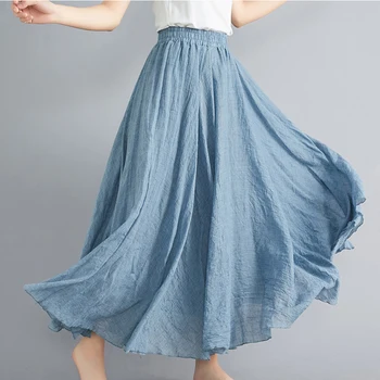 2023 Damskie Lniane Bawełniane Długie Spódnice Z Elastycznej Talii Plisowana Maxi Spódnice Plażowe Boho Vintage Letnie Spódnice Faldas Saia  10
