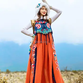 2023, jesienno-zimowy kobieca sukienka w chińskim stylu etnicznym z haftem i утепленным ciepłe kamizelki, długa sukienka, nowa narodowa spódnica w formie trapezu bez rękawów  10