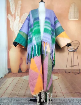 Afrykańskie Nowe Zimowe Modne Jasne Kolorowe Kobiety Puszyste Długie Swetry Z Nadrukiem, Świąteczne Wieczorne Kimono Оверсайз Z Frędzelkami Na Wyjściu  4