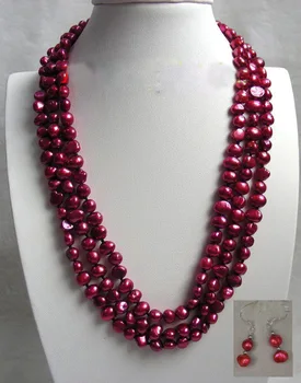 Autentyczne naturalny, 3-rzędowy czerwony Naturalne perły naszyjnik kolczyki  10