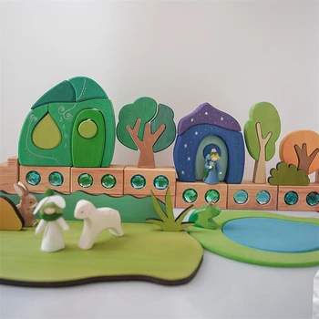 Duże Drewniane Klocki Tęczowy Układarka Kreatywna Gra Bajkowa Wieś Kwiatowy Klocki Dla Dzieci Zabawki Edukacyjne Montessori  10