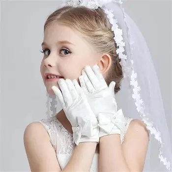 Dziecięce rękawiczki Dla dziewczynek Krótkie Białe Dzieci Łuki Studencki widok Ceremonia Dekoracji Akcesoria  10