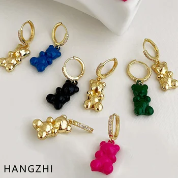 HANGZHI Nowy Koreański Kolor Asymetria Niedźwiedź Wiszące Cyrkon Złoto Koło Wiszące Kolczyki Wieczorowe Modne Uroczy Biżuteria dla Kobiet Dziewczyn 2021  10
