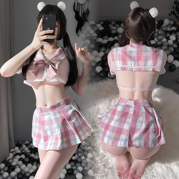 Japońska Uczennica JK Mundury Gra Fabularna Kobiety Anime Seksowna Bielizna Kreskówka Różowy Łuk Spódnica Plisowana Zestawy Garnitur  5
