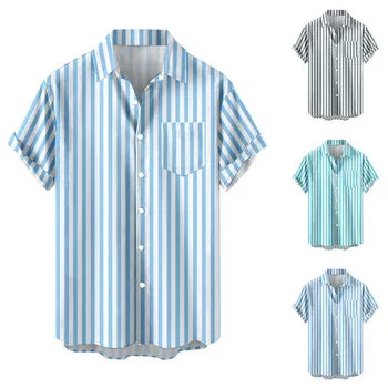 Koreański odzież Męska Koszula Letnia Koszula Z Krótkim Rękawem Bluzka Bluzki Męskie Koszule Modne Męskie Koszulki z Nadrukiem w Paski koszula męska  5