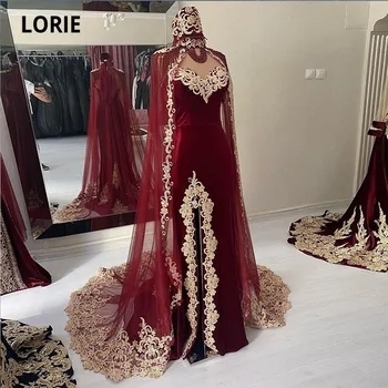 LORIE Marokańska Kaftan Sukienka Złote Cekiny Koronki Czapka Z Rękawem Bordowy Syrena Aksamit Arabskie Sukienki Na Studniówkę, Sukienka  10