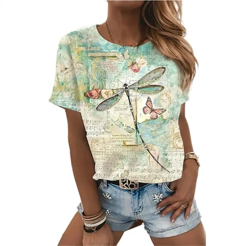 Modna damska koszulka z okrągłym dekoltem i krótkimi rękawami, jasny t-shirt z 3D print ważki, letni miejski trend, eleganckie damskie  5
