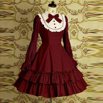 Modne Wino czerwone i czarne Bawełny Sukienka w stylu Lolity z Kokardą, bielizna Klasyczne Vintage Gotycka Sukienka z Długim Rękawem i Falbany  10
