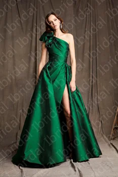 W sprzedaży 2021 Zielone Suknie Wieczorowe Pełnej Długości Na Jedno Ramię Bez rękawów z Kokardą, Plisowane Sukienki Ślubne Dla gości, Wieczorowe suknie z rozcięciem z Boku  10
