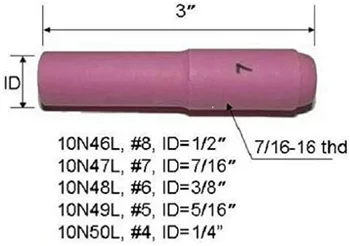 Zestaw materiałów eksploatacyjnych do TIG, Długa глиноземная dysza 10N50L 10N49L 10N48L 10N47L 10N46L, nadaje się do spawalniczy TIG DB PTA SR WP 17 18 26, 5 szt.  0