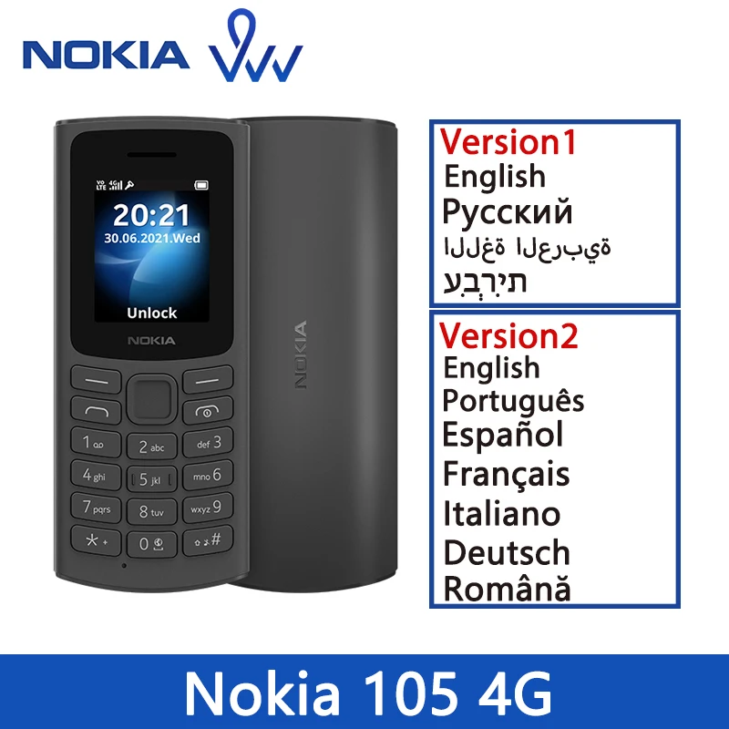 Oryginalna Nowa Nokia 105 4G Z dwoma kartami SIM 1,8-calowy Wyświetlacz, Bateria o pojemności 1020 mah, сверхдлительный Tryb gotowości Z Latarką, Gry, radio FM, 2 karty Sim