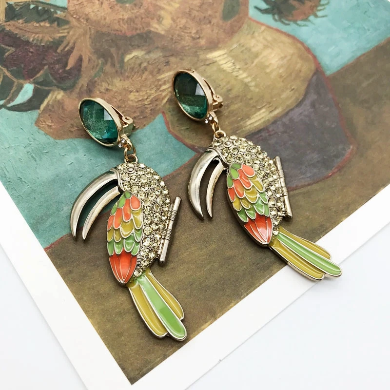 Śliczne Ptaki Kolczyki Klip Moda Wisiorek Kolorowe Szkliwa Oświadczenie Biżuteria Duży Zacisk do Uszu Akcesoria