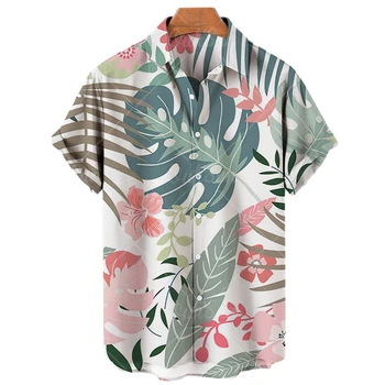 2022 Letnie Męskie i Damskie Koszulki Unisex z Roślinnym Nadrukiem, Luźne Koszule na guziki, Oddychające Hawajskie Koszule z Krótkim Rękawem w Rozmiarze Plus  4