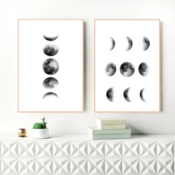 Czarno-Biały Księżyc na Płótnie Obraz Nordic Ścienny Art Obraz, Fazy Księżyca Druk na Płótnie i Plakat Artystyczny Penny Ścienny Dekor  5