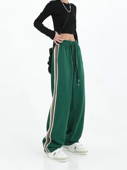 Moda Vintage Zielone Klasyczne Długie Spodnie Spodnie W Stylu Vintage, Z Wysokim Stanem Na Sznurku, Z Przodu Sznurowane Damskie Spodnie W Paski Z Boku  5