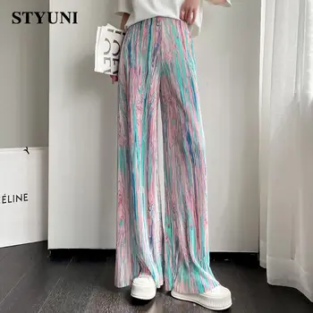 Plisowane temat spodnie damskie w paski z tie-barwników, letnie koreański moda vintage nanoszone spodnie z wysokim stanem pełnej długości 2022 roku dla kobiet  5