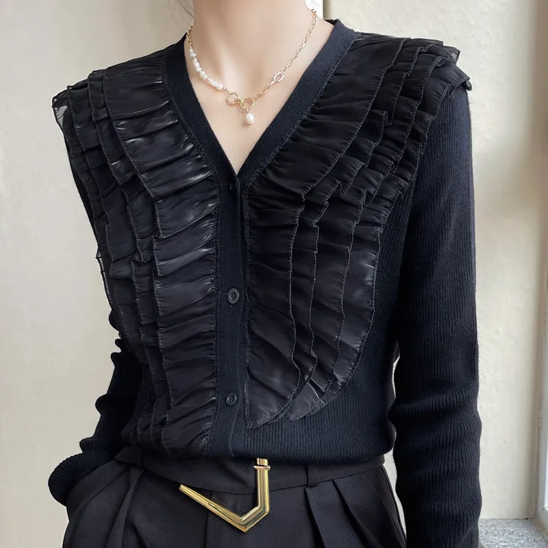 Czysty wełniany sweter, damski luźny podstawowy top z dekoltem, czarna stylowa mała bluzka, kaszmirowy sweter z баской z organzy