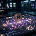 Złoty Bitcoin na tle cyfrowego interfejsu kasyna online w nowoczesnym stylu