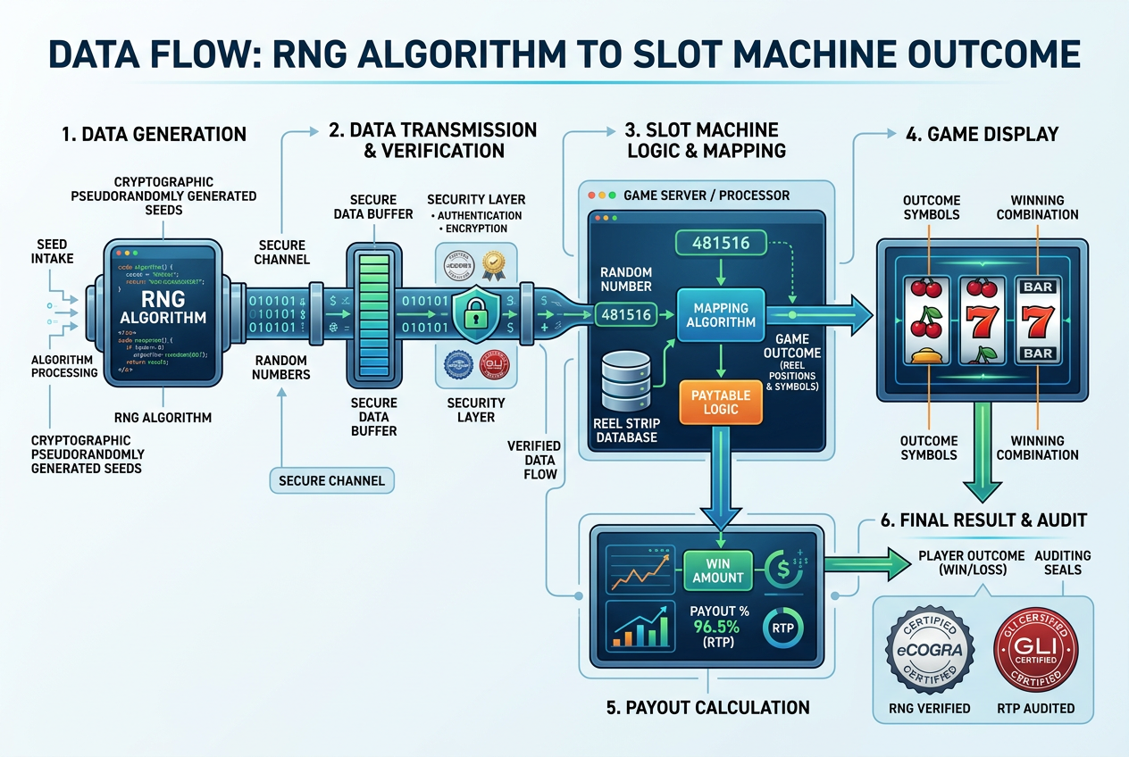 Infografika przedstawiająca mechanizm RNG i współczynnik RTP w kasynie
